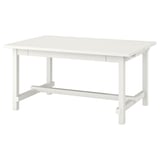 NORDVIKEN matbord i vitt trä. Rektangulär, robust design med utdragbara iläggsskivor för extra sittplatser.