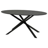 Modernt, svart NORRMJÖLE-bord med mörk marmorskiva, x-bensdesign, metallbas.