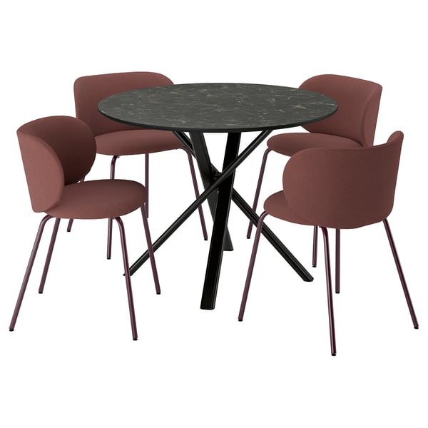 NORRMJÖLE / KRYLBO Bord och 4 stolar, svart marmormönstrad/Tibbleby mörkröd, 105 cm