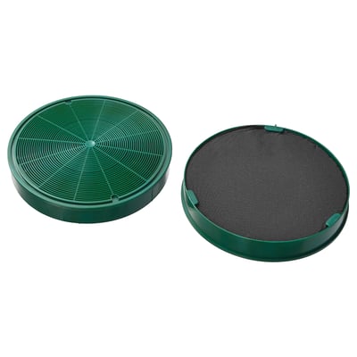 Två gröna runda kolfilter. Den ena är öppen med strukturer, den andra täckt av nät.