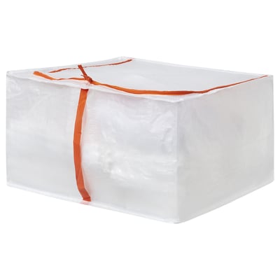 En vit PÄRKLA förvaringsväska med orange dragkedja och handtag, fyrkantig till formen, tillverkad av återvunnet material.