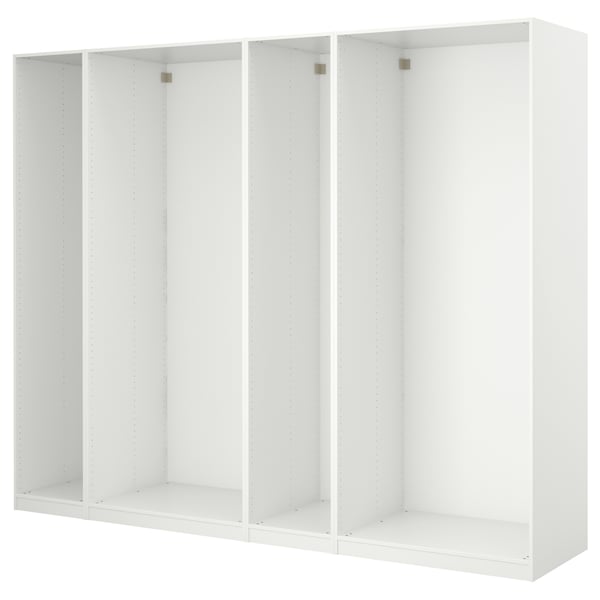 Vit PAX-garderob med tomma fack, modern design och justerbara fötter.