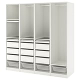 Vit ikea PAX garderob, sex sektioner, metallkorgar, glashyllor.