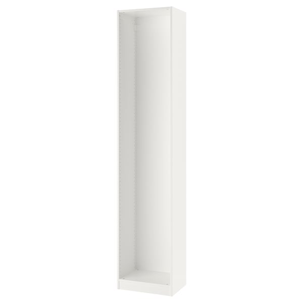 En vit ikea PAX garderobsstomme, smal och rektangulär, tillverkad av pappersfolie och spånskiva med justerbara fötter.