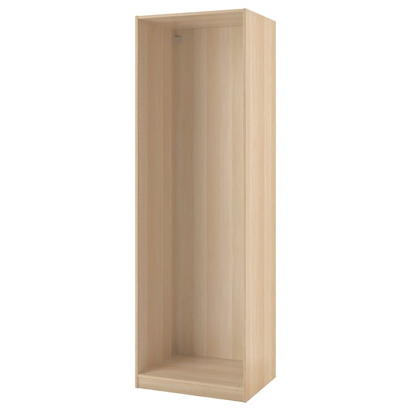 Ikea PAX garderobsstomme i ljus ek, upprätt med tomma hyllplan.