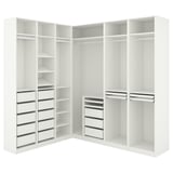 Visar en ikea PAX garderob i vitt, med en kombination av hyllor och lådor.