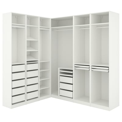 Vit PAX garderob, stor hörnskåp med hyllor och lådor. Modern, minimalistisk design, spånskiva, stål.