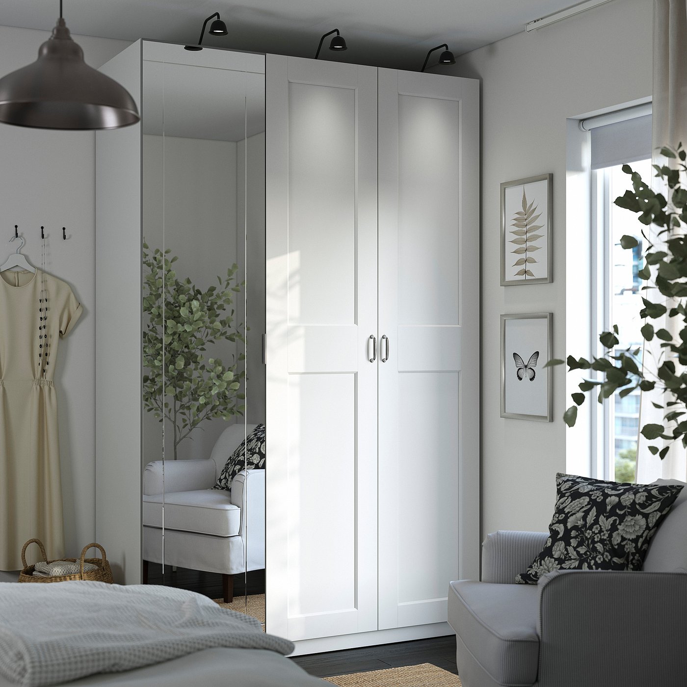 IKEA PAX / KAMMARTORP/GRIMO garderobskombination, vit spegelglas/grå vit, 150x60x236 cm