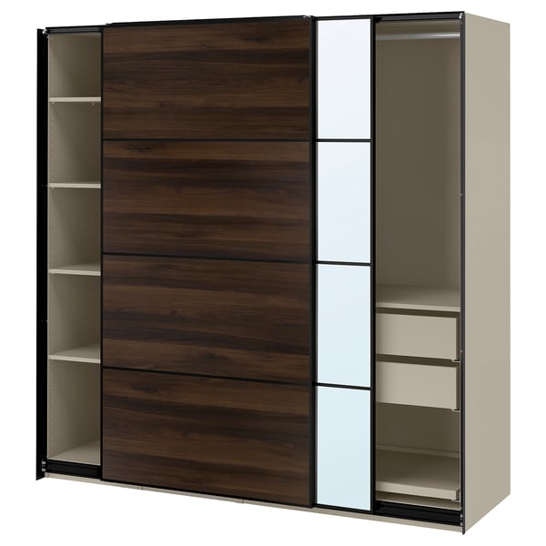 PAX / MEHAMN/AULI Garderob med skjutdörrar - gråbeige svart/mörkbrun ekmönstrad spegelglas 200x66x201 cm