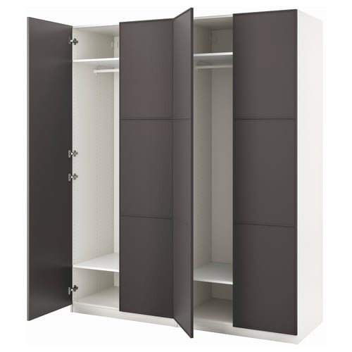 PAX garderob: modern svart och vit, hög, rektangulär förvaringsmöbel med flera dörrar och skjutdörrar för minimalistisk design och effektiv utrymmesanvändning.