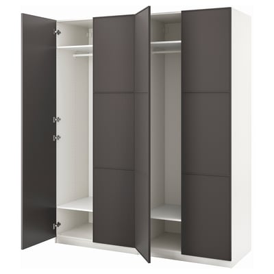 PAX garderob: modern svart och vit, hög, rektangulär förvaringsmöbel med flera dörrar och skjutdörrar för minimalistisk design och effektiv utrymmesanvändning.