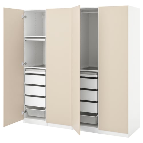 PAX garderob, beige, med hyllor, lådor och galgar.