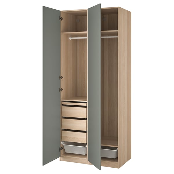 PAX / REINSVOLL Garderobskombination - vitlaserad ekeffekt/grågrön 100x60x236 cm
