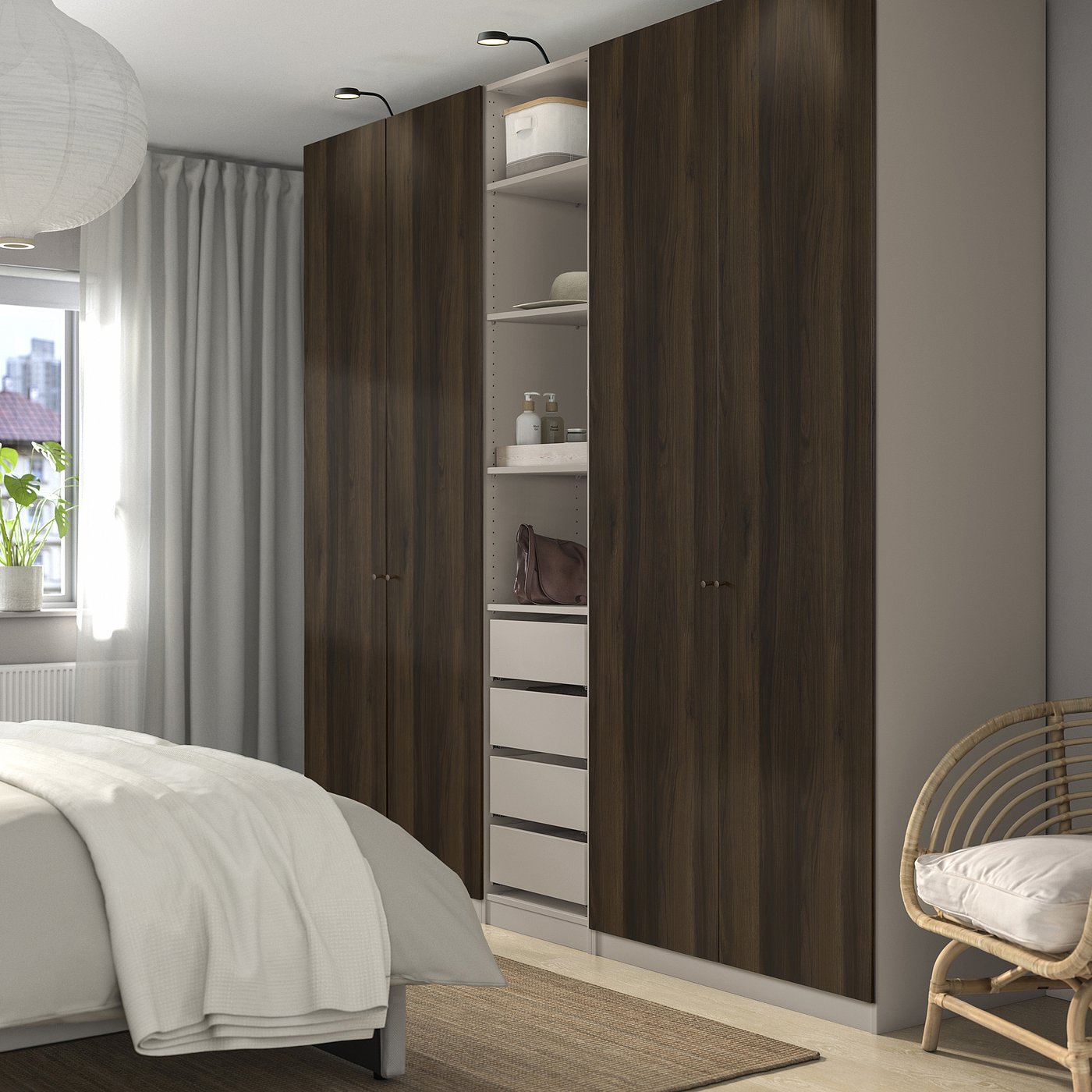 IKEA PAX / STORKLINTA garderobskombination, gråbeige/mörkbrun betsad ekeffekt, 250x58x236 cm