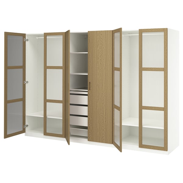 PAX / TONSTAD Garderobskombination - vit/ekfaner glas 300x60x201 cm