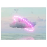 PJÄTTERYD canvas väggkonst: pastellfärgad himmel, neonrosa halo, fluffiga moln, fridfullt hav, snygg, 3-d ram.