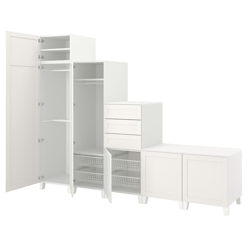 Vit PLATSA förvaringsmöbelset, inklusive garderob, kista och bänk, alla med ren, minimalistisk design.