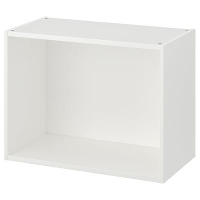 Vit PLATSA förvaringsenhet. Minimalistisk, rektangulär, öppen rygg, lätt att montera design. Tillverkad av träfiberskiva och spånskiva.