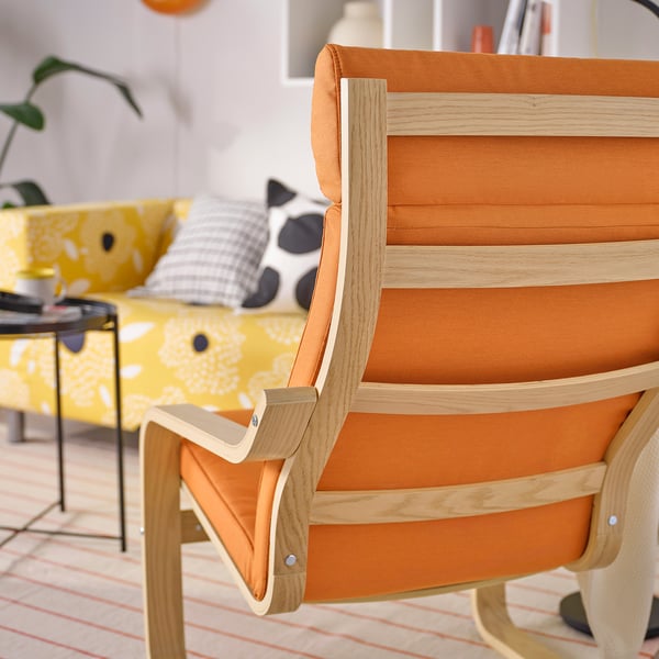POÄNG Fåtölj, vitlaserad ekfaner/Knisa klarorange