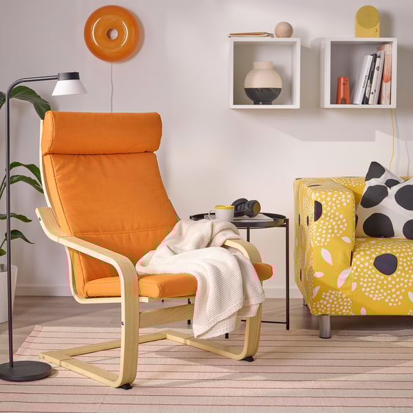 POÄNG Fåtölj, vitlaserad ekfaner/Knisa klarorange