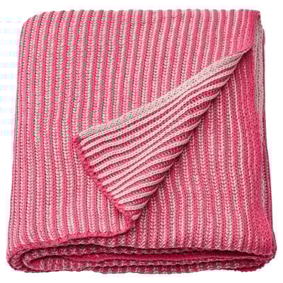 Rosa, dubbelsidig stickad filt, mjuk, återvunnen polyester, vikt fyrkantig form, randigt mönster.