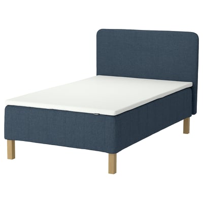 IKEA RÅHOLMAR blå säng, madrass i minnesskum, träben, stoppad sänggavel.