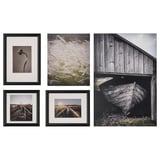 Femdelat RAMHÄLL fotoset: en duk, två inramade fiberboards, en inramad träfiberboard och en affisch. Natur och rustika teman.