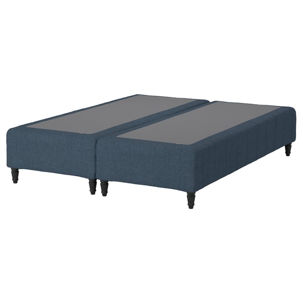 Blå sängbotten med justerbara delar, mörka träben, modern design.