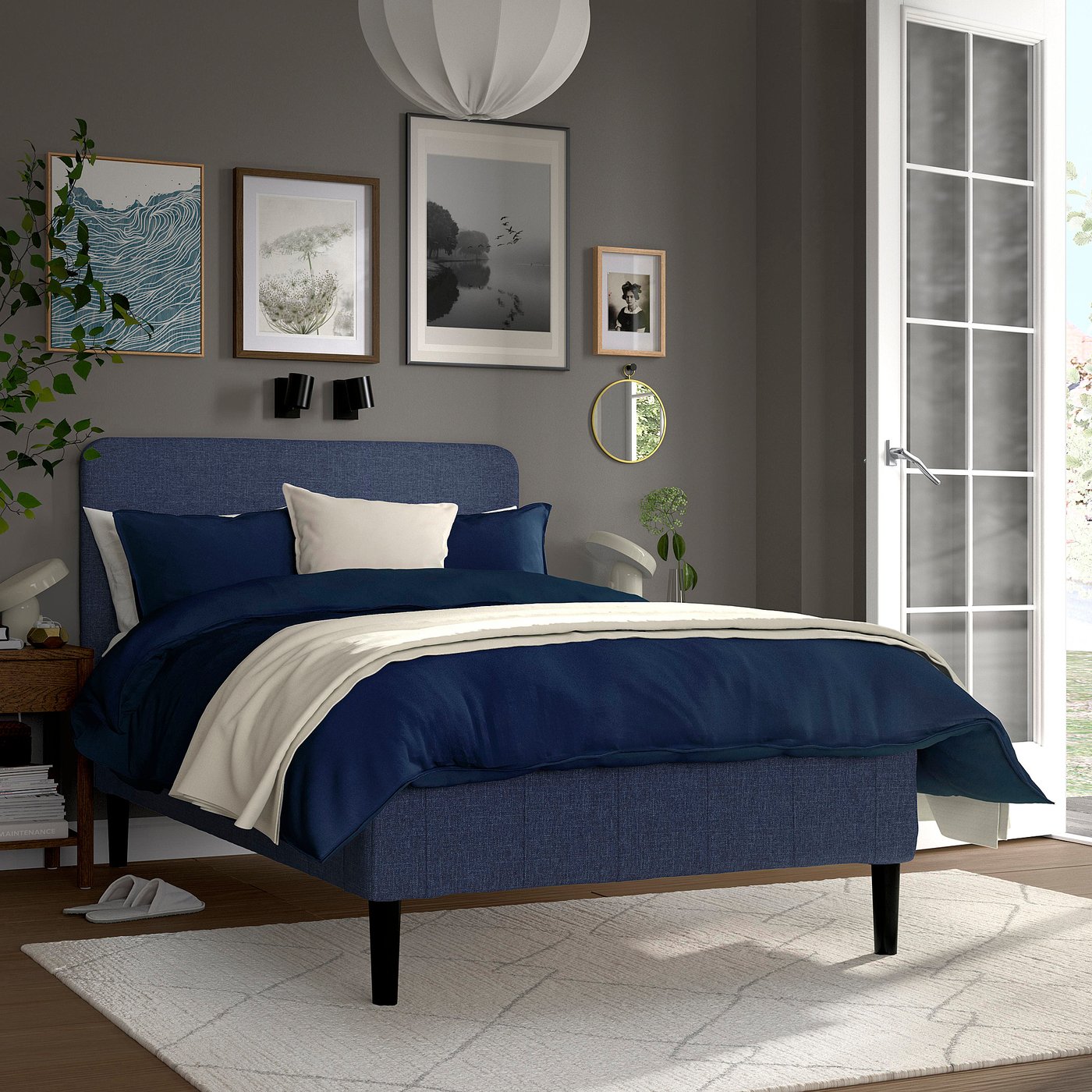 IKEA RENFJÄLLET resårbotten med pocketresårkärna, inkl ben och sänggavel fast/kilanda mörkblå, 120x200 cm