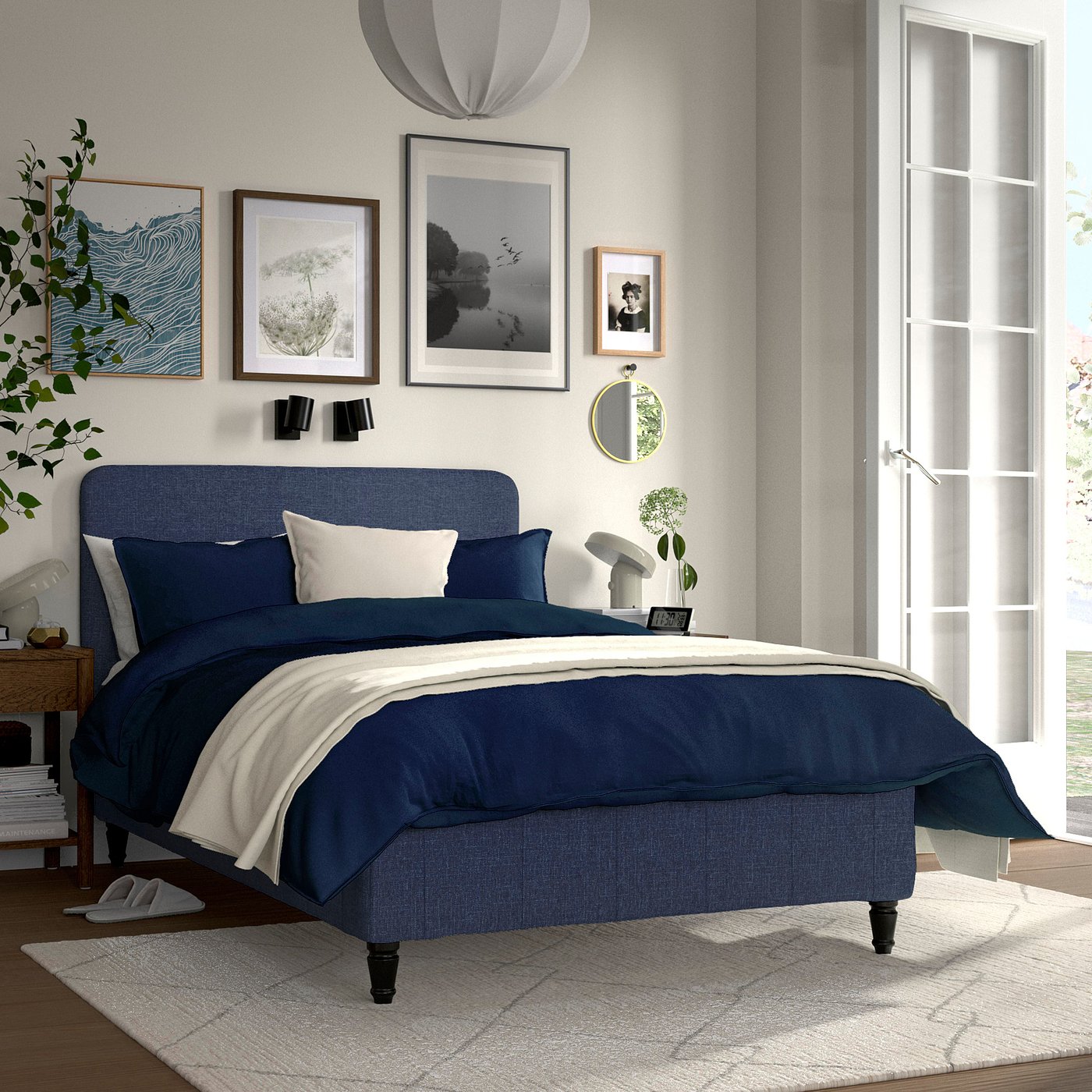 IKEA RENFJÄLLET resårbotten med pocketresårkärna, inkl ben och sänggavel medium fast/kilanda mörkblå, 120x200 cm