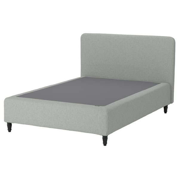 RENFJÄLLET grå stoppad säng med mörka träben, rektangulär, minimalistisk design.