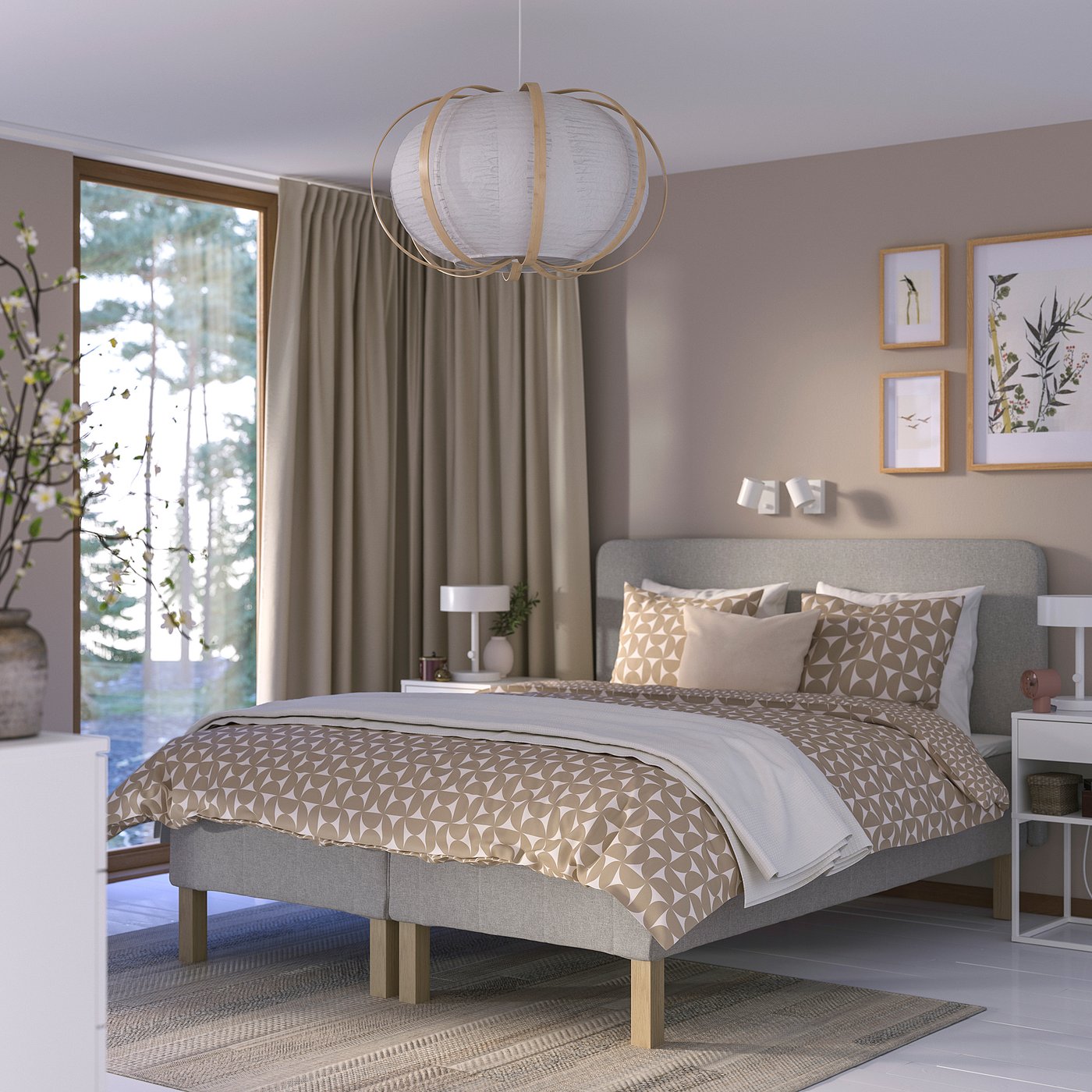 IKEA RENFJÄLLET resårbotten med pocketresårkärna, inkl ben och sänggavel medium fast/tibbleby beige/grå, 180x200 cm