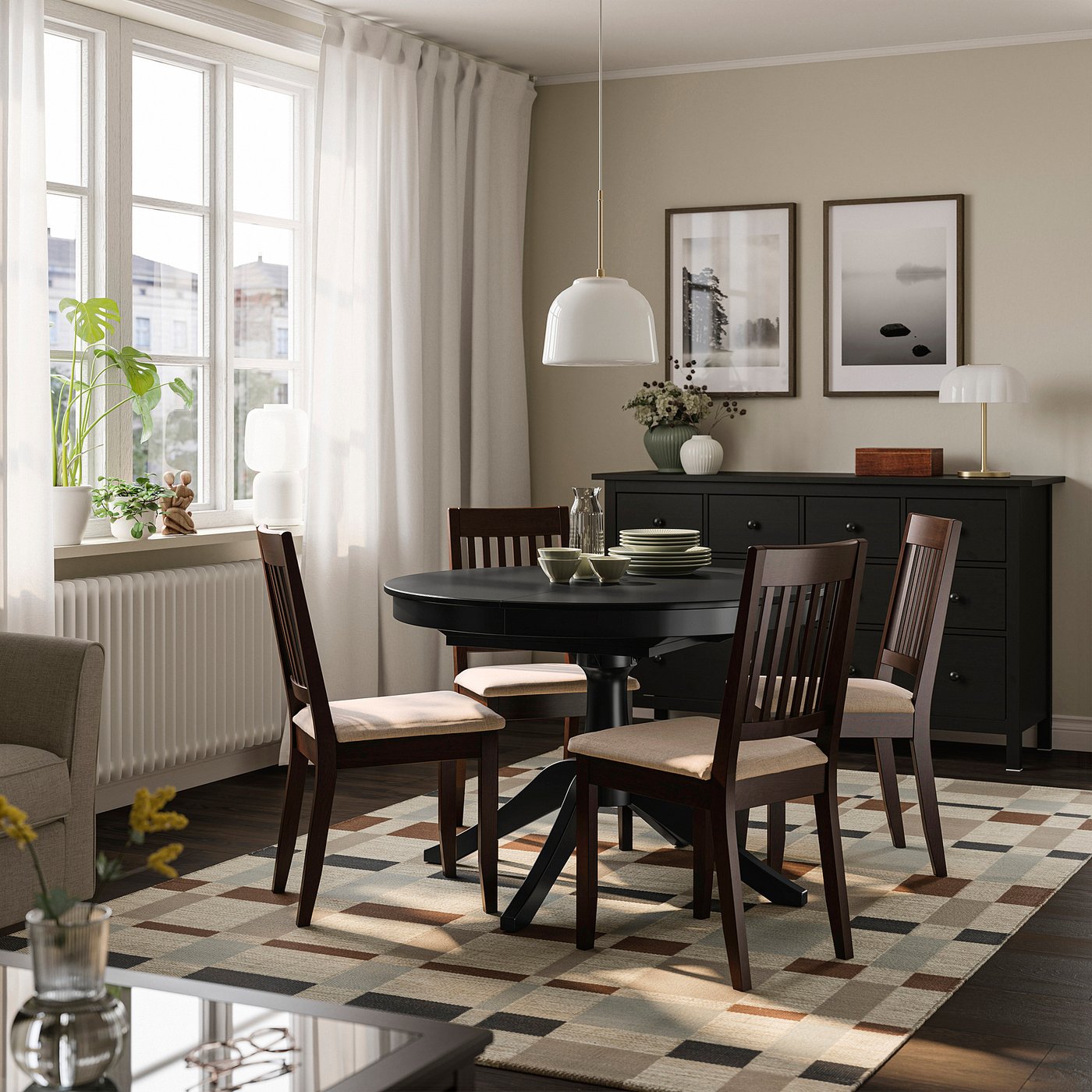 IKEA ROSENTORP / NÄSINGE bord och 4 stolar, svart/kilanda ljusbeige mörkbrun betsad, 110/155 cm