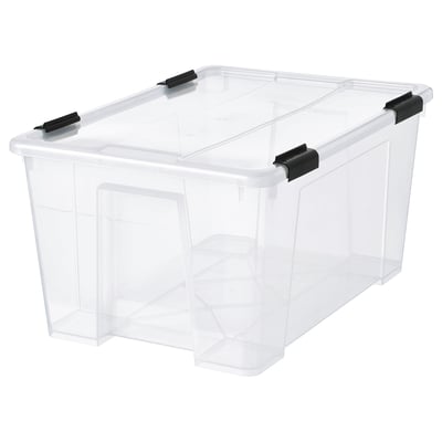SAMLA Låda med lock/låsclips, transparent/svart, 57x39x29 cm/45 l