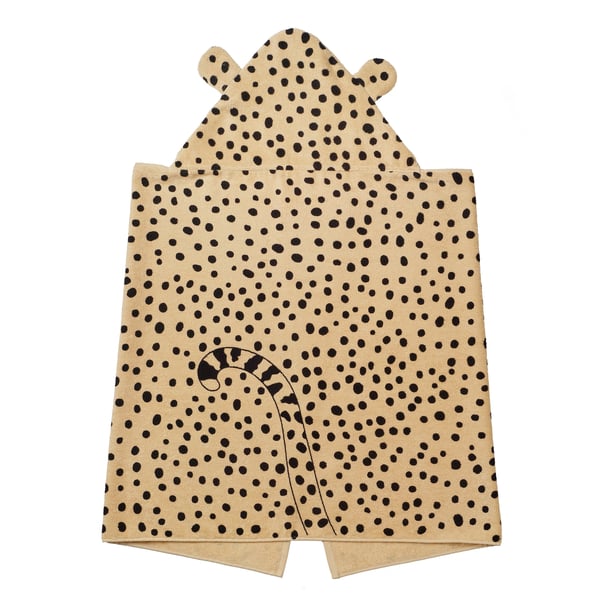 SANDLÖPARE barnhandduk, beige prickig med huva, geparddesign, 100% bomull.