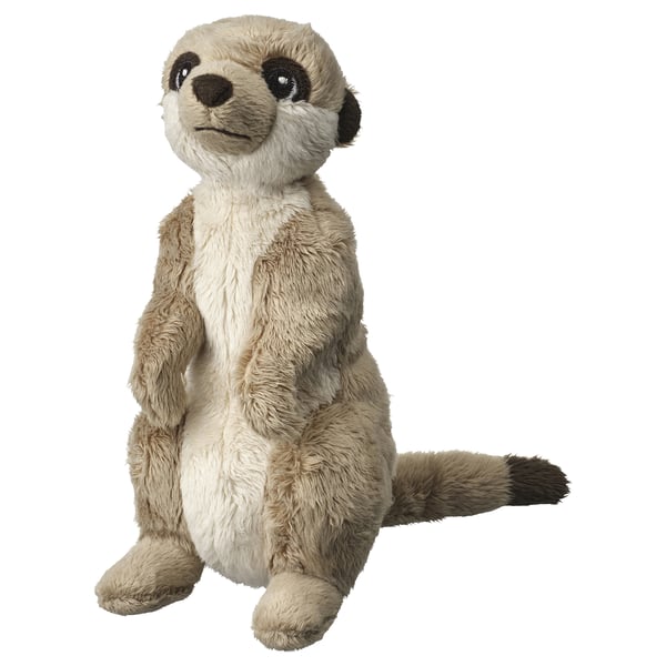 Söt plysch surikat leksak, beige, mjuk, sitter upprätt, med mörkbruna fötter och öron.