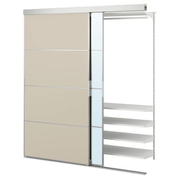 SKYTTA / BOAXEL Reach-in garderob med skjutdörrar - aluminium Mehamn/Auli/gråbeige spegelglas 177x65x205 cm