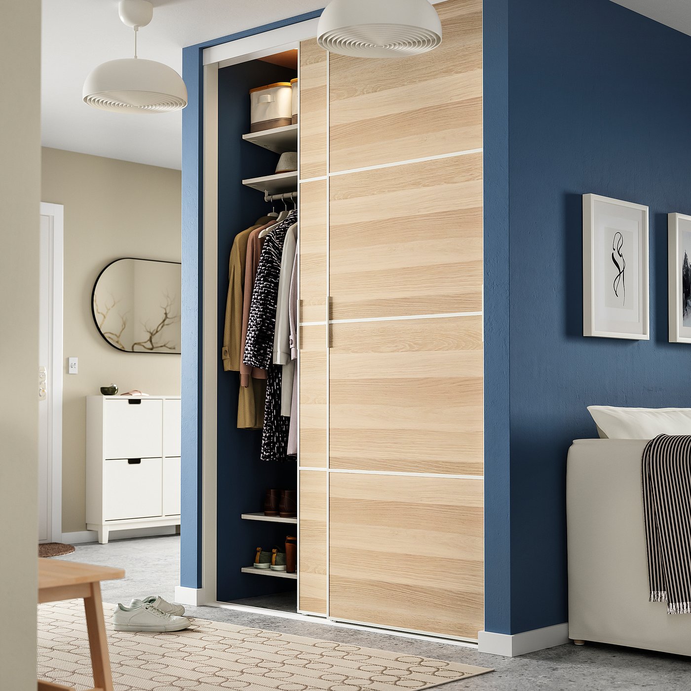 IKEA SKYTTA / MEHAMN skjutdörrskombination, vit/dubbelsidig vitlaserad ekeffekt, 152x240 cm