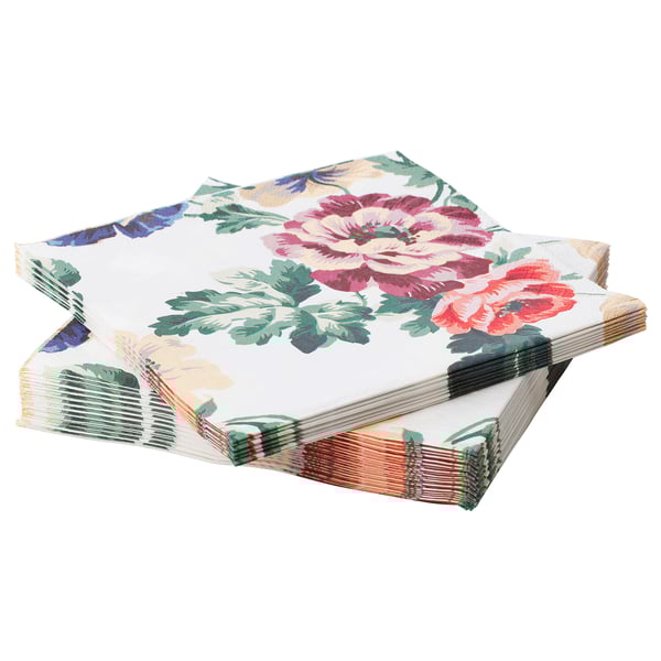 Bunt av färgglada blommiga mönstrade pappersservetter, vit bakgrund, treskiktsdesign.