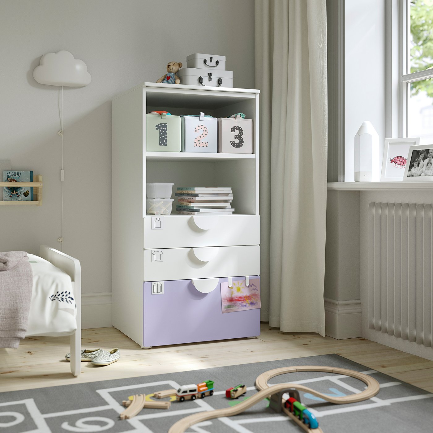 IKEA SMÅSTAD / PLATSA bokhylla, vit lila/med 3 lådor, 60x57x123 cm