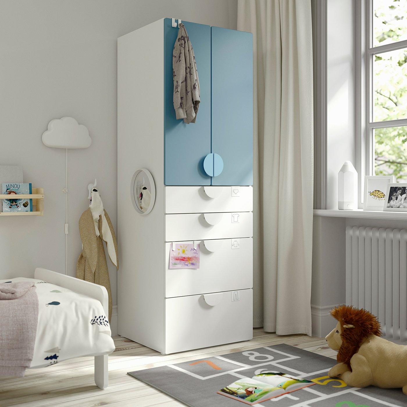 IKEA SMÅSTAD / PLATSA garderob, vit blå/med 4 lådor, 60x57x181 cm