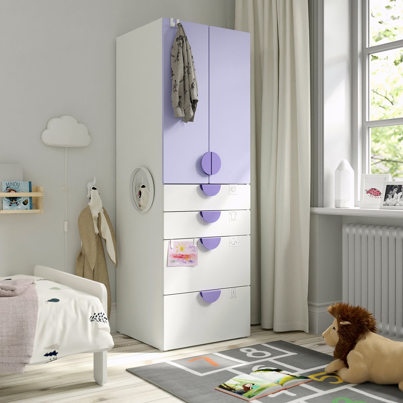 IKEA SMÅSTAD / PLATSA garderob, vit lila/med 4 lådor, 60x57x181 cm