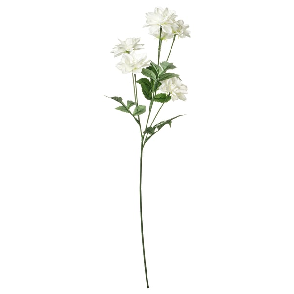Konstgjord vit blomstjälk med gröna blad. Realistisk design, tillverkad av återvunnen plast.