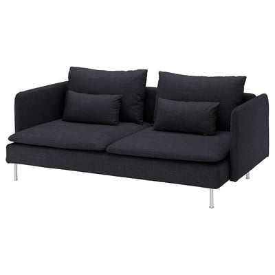 SÖDERHAMN svart soffa, elegant modern design, djupa sitsar, grått tyg, stödjande kuddar.