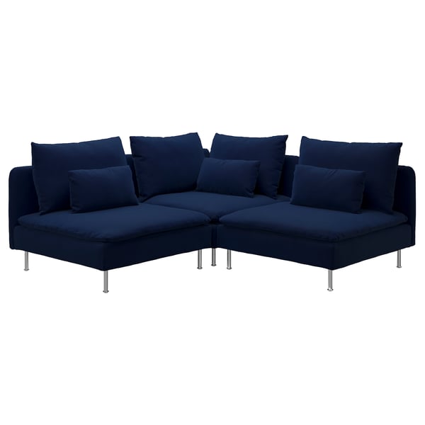 Blå sektionssoffa, modern design, metallben, plyschkuddar