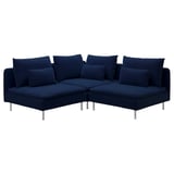 Blå sektionssoffa, modern design, metallben, plyschkuddar