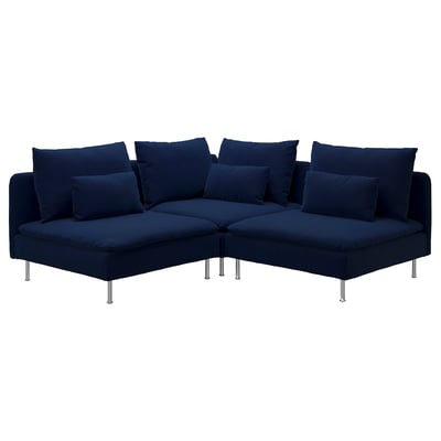Blå sektionssoffa, modern design, metallben, plyschkuddar