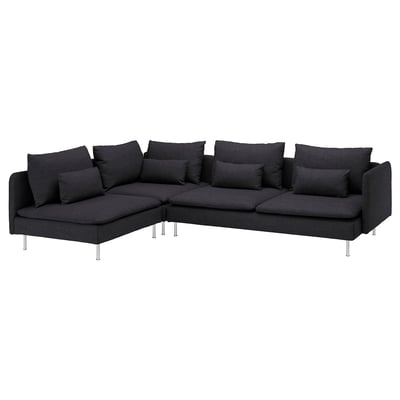 Mörkgrå sektionssoffa SÖDERHAMN med plyschkuddar, eleganta metallben och modern design.