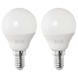 Två runda ikea led-lampor, vit, metallisk bas, standardform, enkel design.