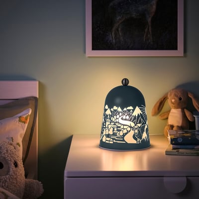 SOLSKUR LED bordslampa, ljusblå/förnicklad